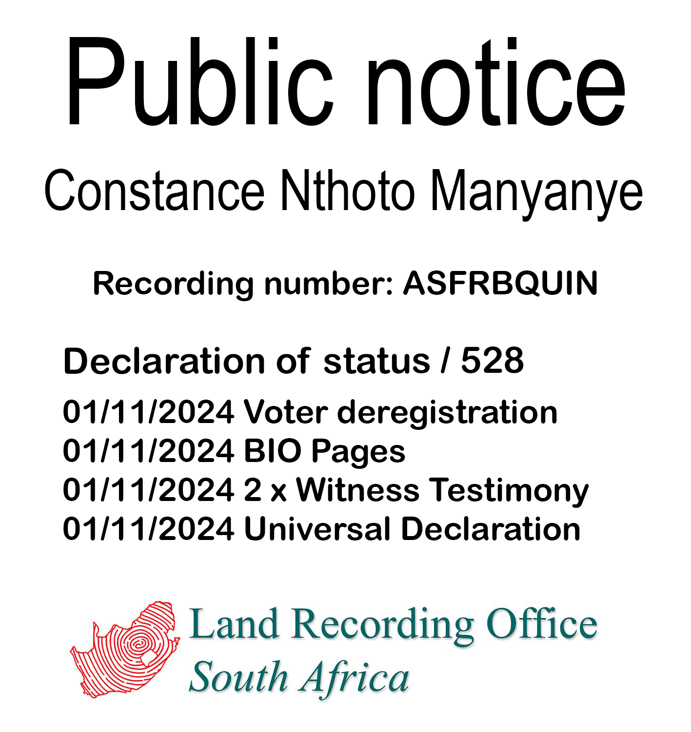 Public Notice Constance Nthoto Manyanye recording number ASFRBQUIN